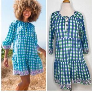 SZ Print Gingham Tiered Mini Dress Tassel Neck Green Blue Boho Tuckernuck M